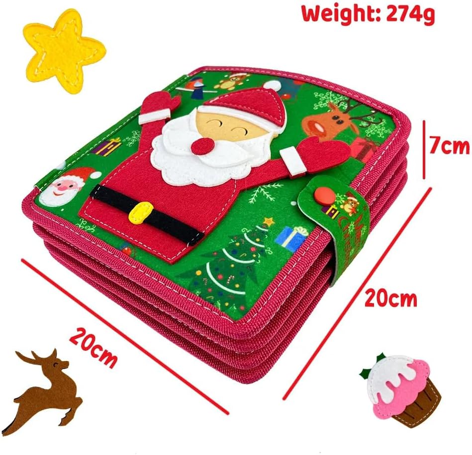 Stack of Christmas-themed felt boards with Santa Claus design, dimensions, weight, and decorative elements.