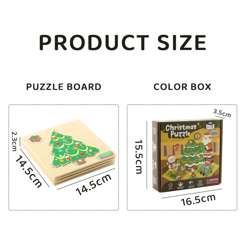 Product size comparison of a Christmas puzzle board and its packaging.