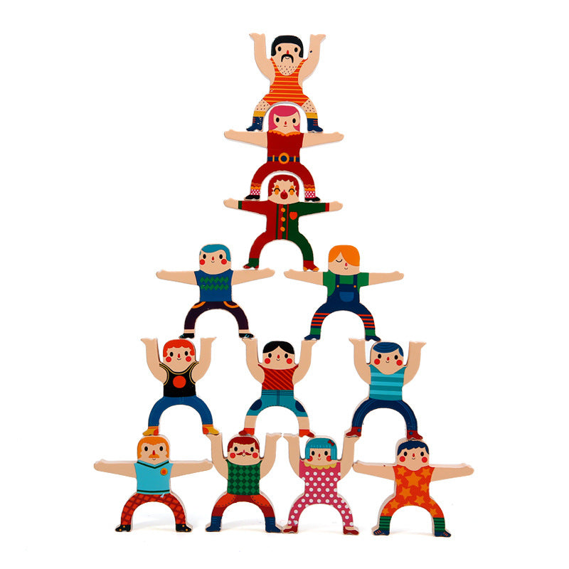 Stack of colorful wooden toy figures on a white background