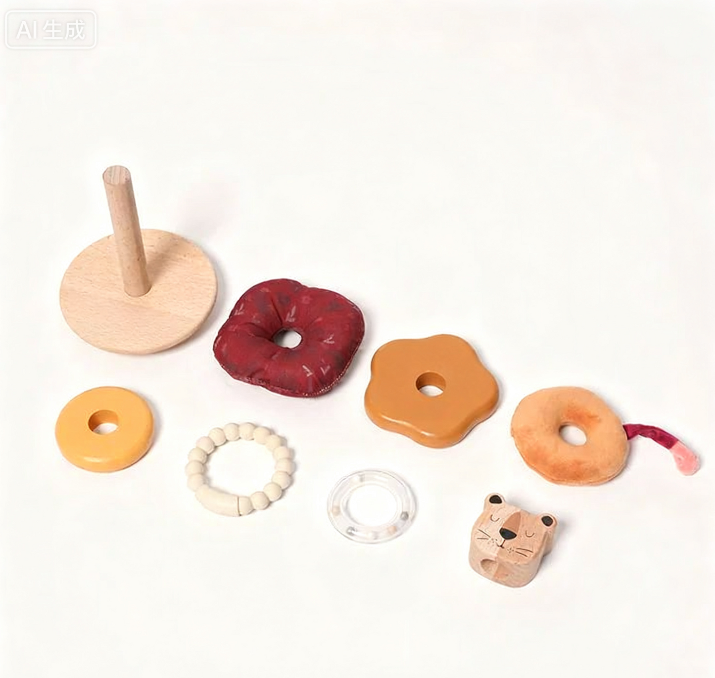 Set of wooden toys shaped like donuts and rings on a white background