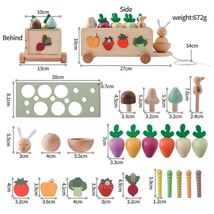 Wooden toy train with measurements and details of included items.