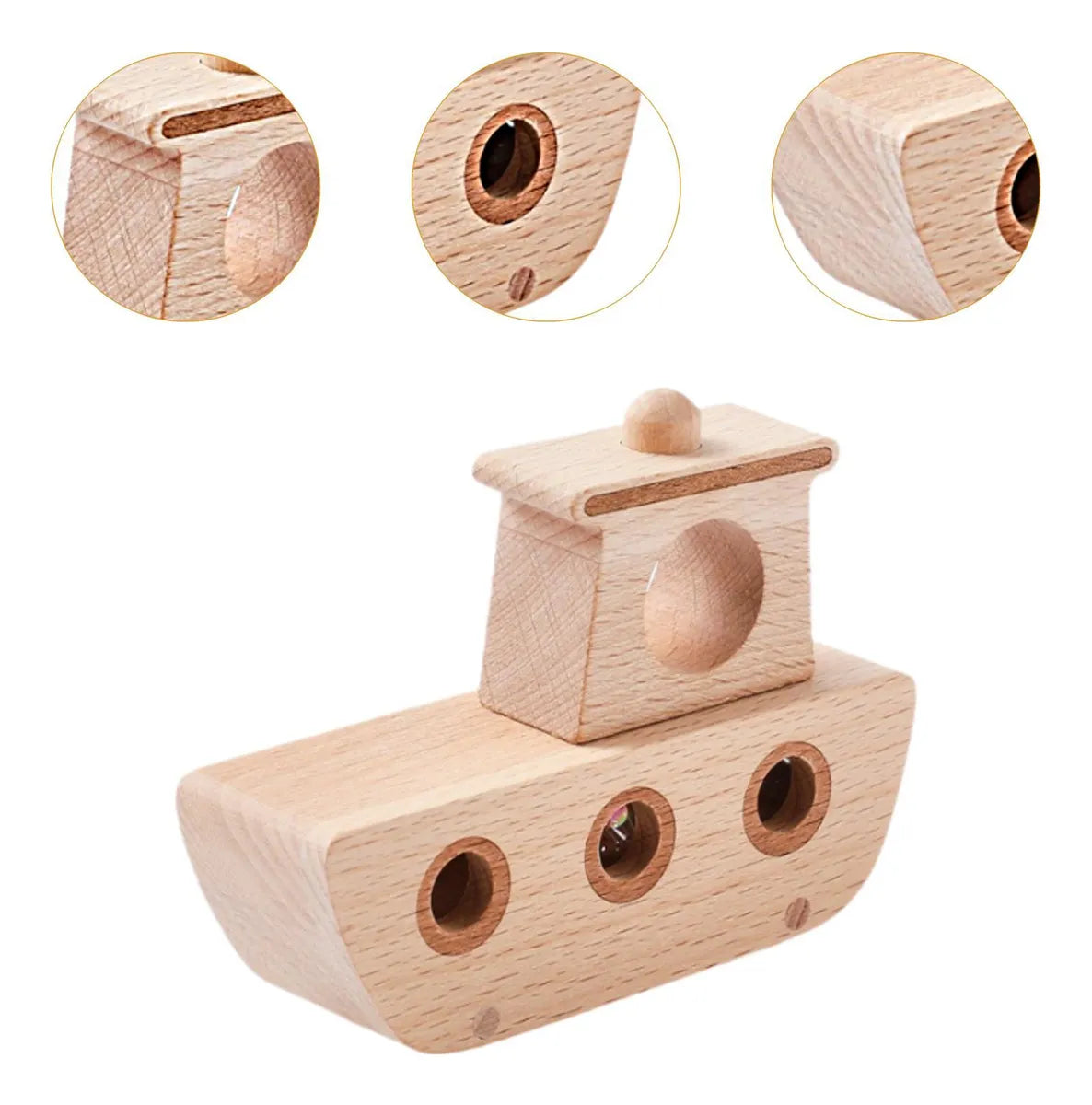 Wooden toy boat with close-up details on a white background