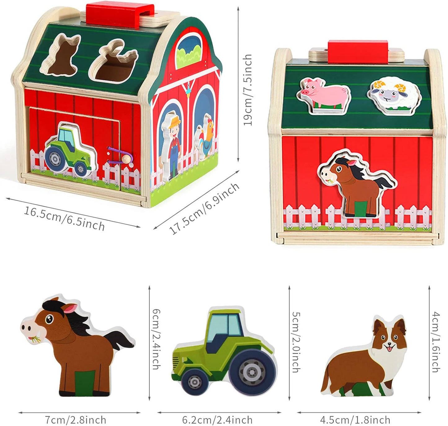 Wooden toy barn with farm animal shapes and measurements