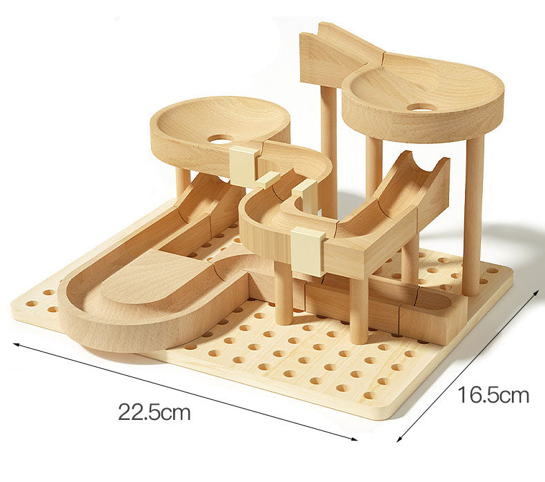Montessori wooden marble run toy on a pegboard base, eco-friendly and handcrafted, 22.5x16.5cm.