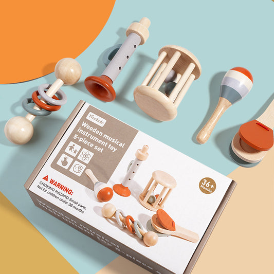 Wooden musical instrument toy set with packaging on a colorful background