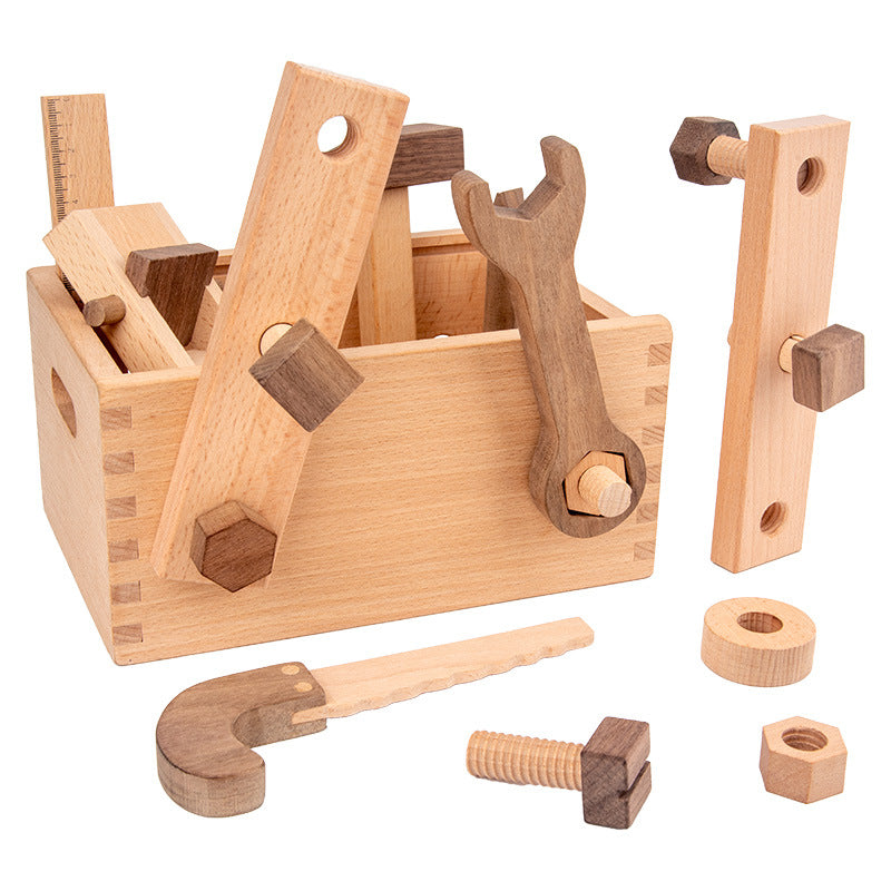 Wooden toy tool set with various tools and a toolbox on a white background