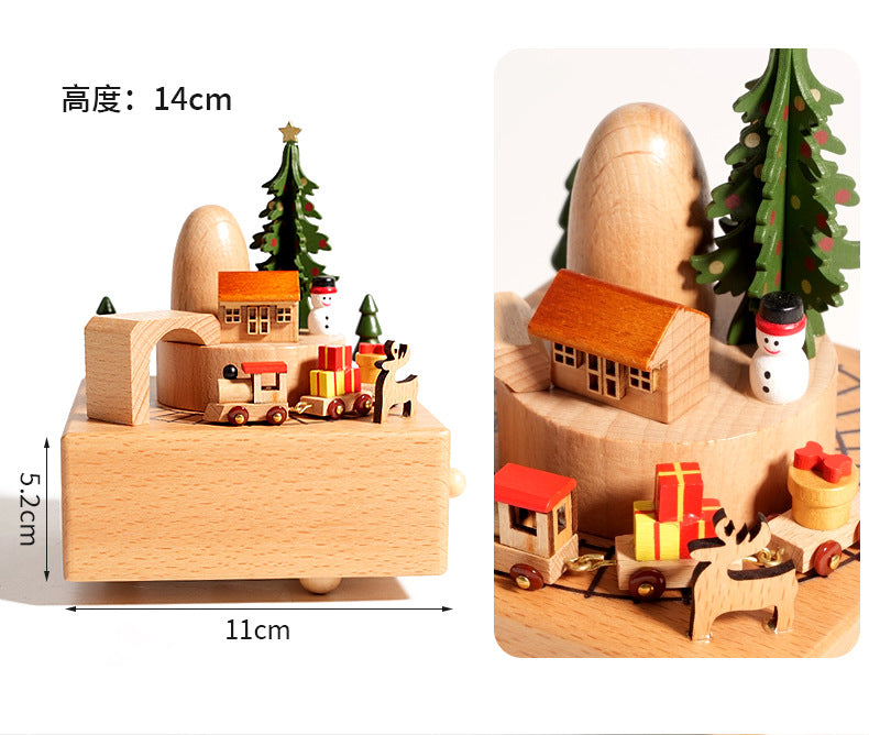 Wooden Christmas village scene with measurements on a white background