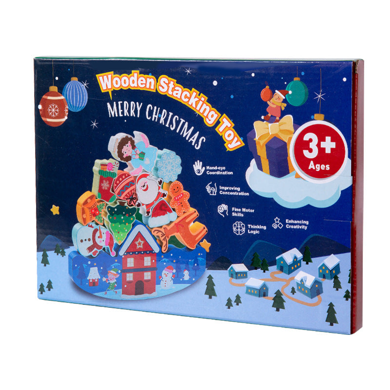 Box of a wooden stacking toy with Christmas theme and colorful illustrations.