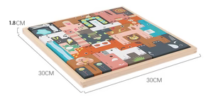 Children's puzzle with cartoon animal faces on a wooden board, showing dimensions.