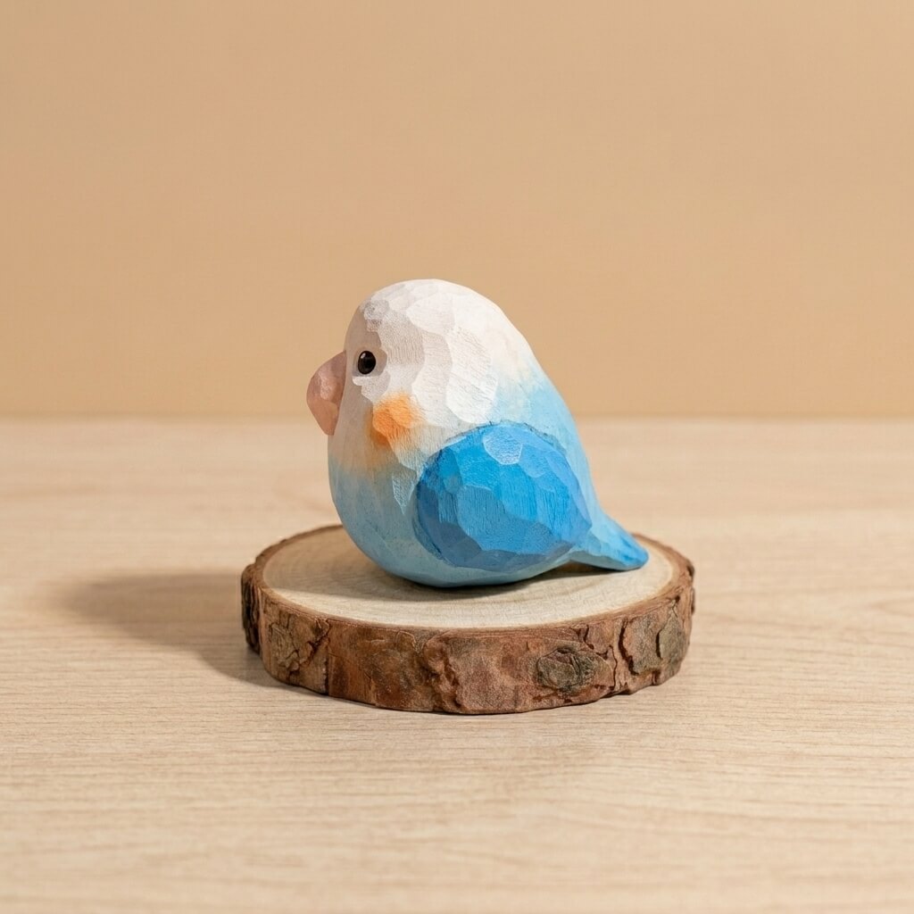 Back view blue wooden lovebird toy showing handpainted blue wings, geometric faceted design natural wood bird figurine safe non-toxic toy for toddlers