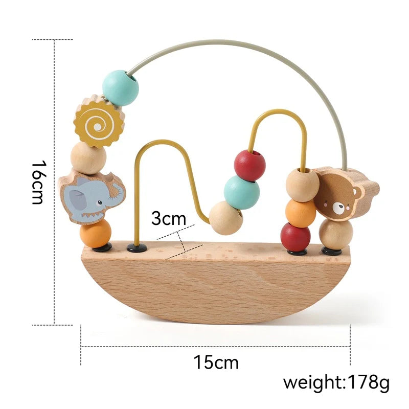 Wooden baby toy with colorful beads and measurements on a white background