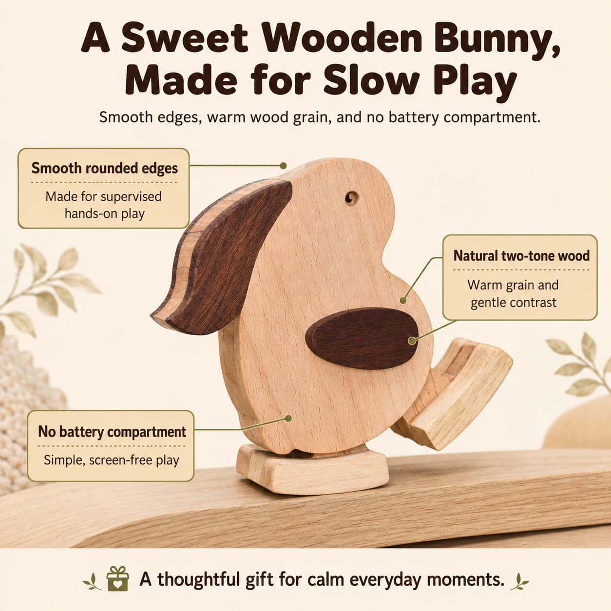 Wooden rabbit ramp walker toy with smooth rounded edges, natural two-tone wood grain, and no battery compartment for screen-free play.