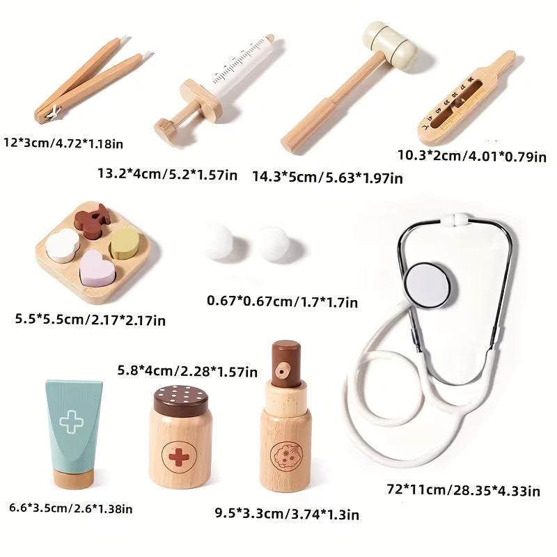 Set of wooden medical toys with measurements on a white background