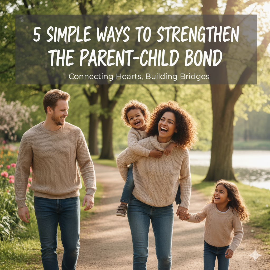 Happy family bonding outdoors, parents and children walking in park, Wooden Toy Story lifestyle