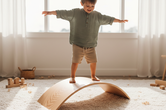 Child balancing on a Montessori wooden board in a bright playroom with eco-friendly toys