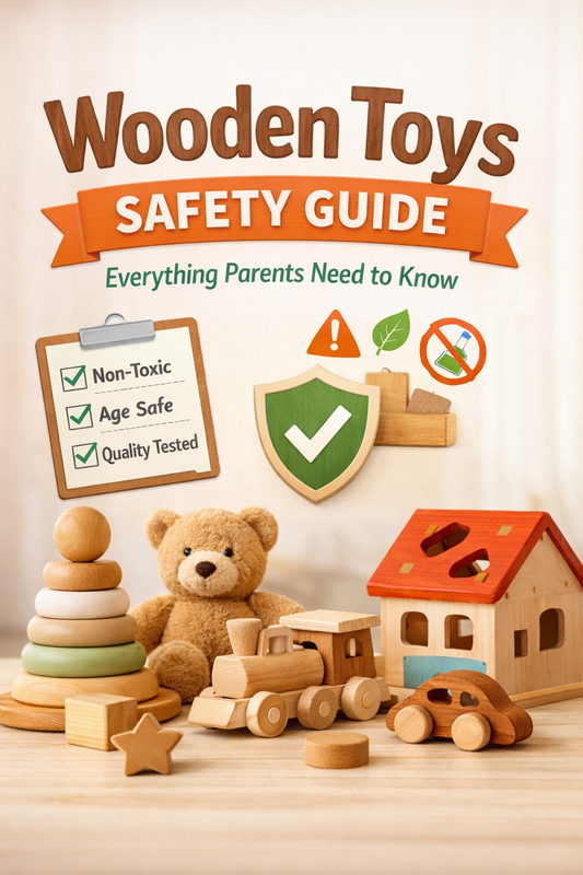 Wooden toy safety guide with non-toxic, age-safe, eco-friendly wooden toys and bear on table