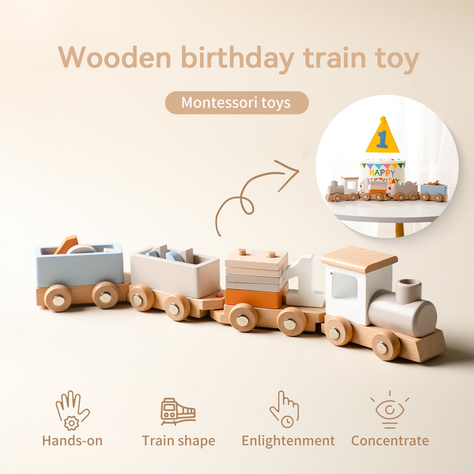 Montessori wooden birthday train toy for kids, eco-friendly, handcrafted educational gift