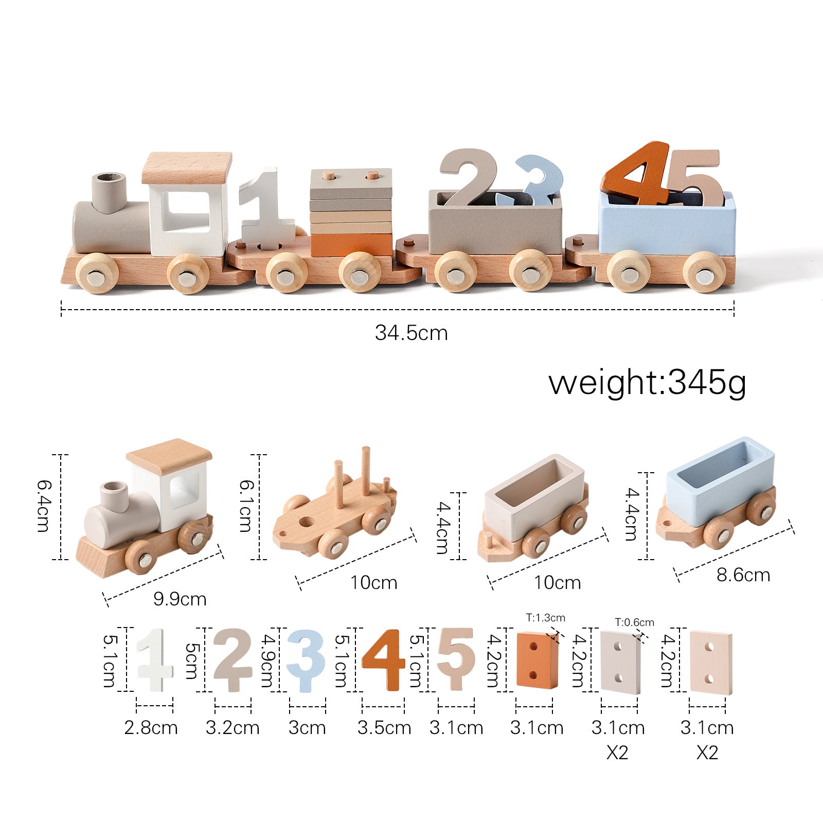 Handcrafted Montessori wooden toy train with stacking numbers and shapes, eco-friendly, 34.5cm long