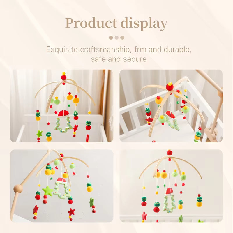 Colorful baby mobile with various shapes hanging from a crib