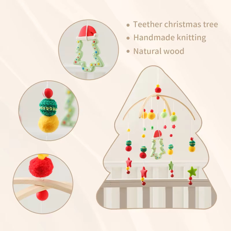 Teether Christmas tree with handmade knitting and natural wood details on a beige background.