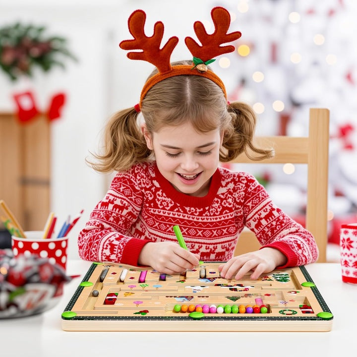 Child playing with a wooden board game wearing reindeer antlers and a red sweater in a festive setting.