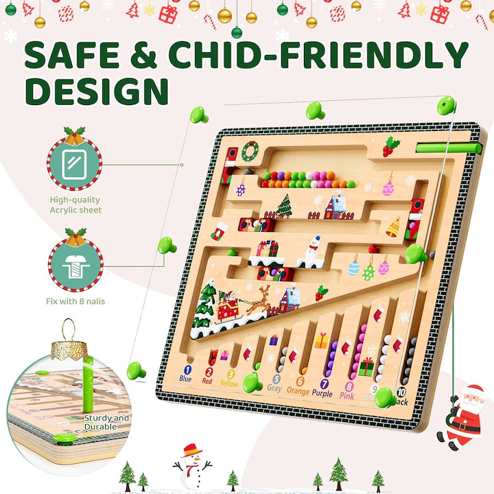 Child-friendly wooden toy with colorful beads and Christmas-themed decorations on a white background.