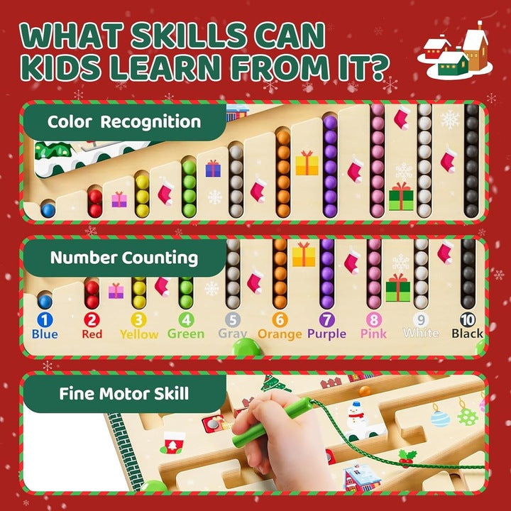 Educational toy with color recognition, number counting, and fine motor skill features on a red background.