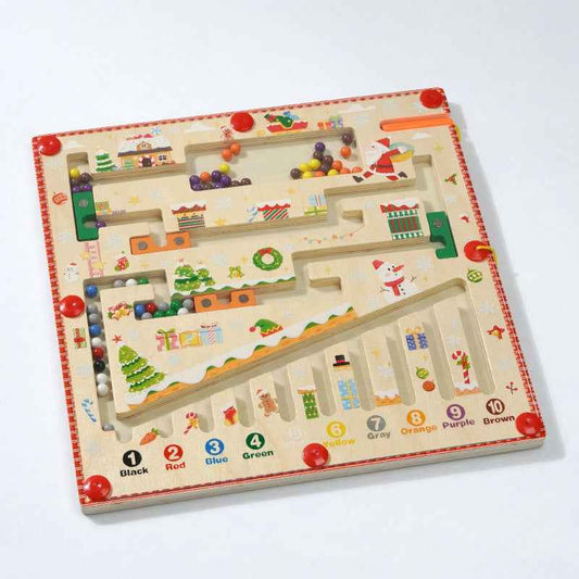 Wooden toy with colorful beads on a white background