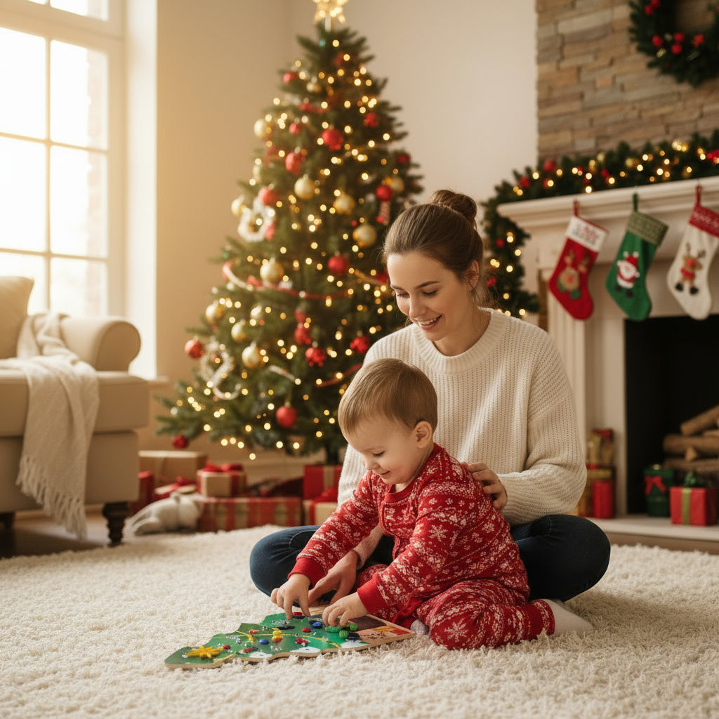 Woman and child playing with a Christmas-themed puzzle in a decorated living room.