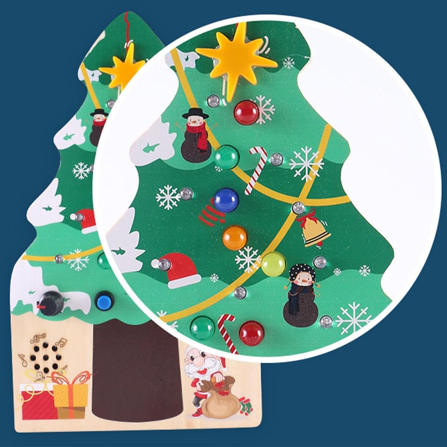 Christmas tree-shaped board with colorful decorations on a blue background