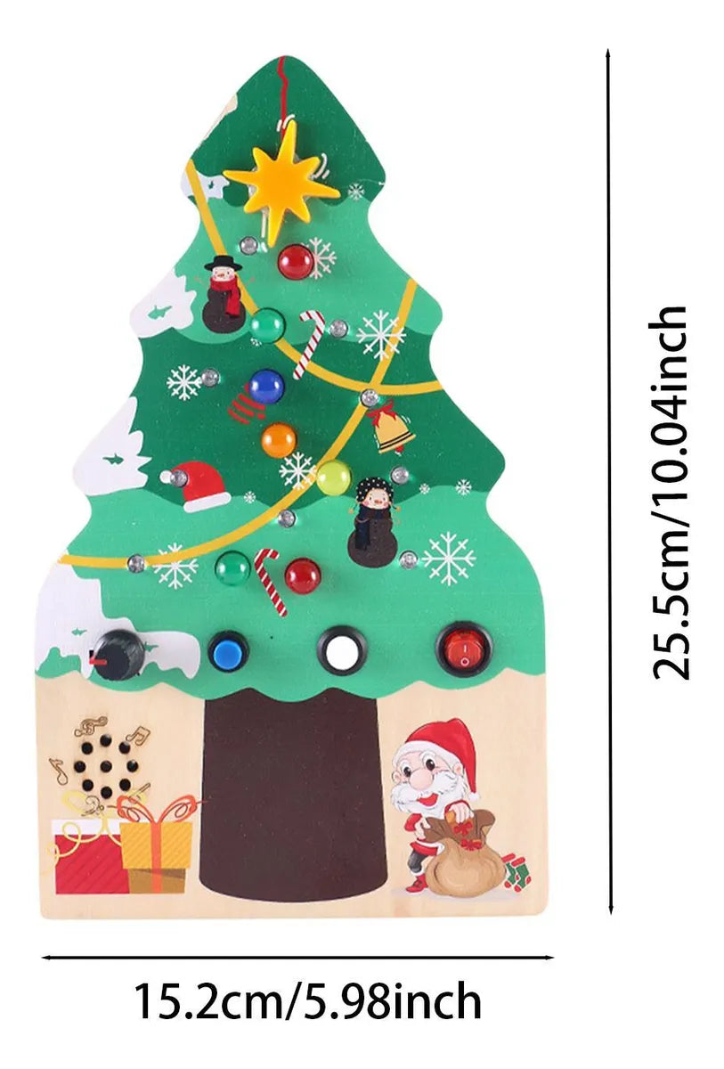 Christmas tree-shaped wooden toy with colorful beads and decorations, shown with dimensions.