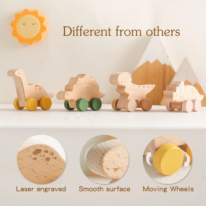 Set of wooden toys with moving wheels on a light background, featuring text highlighting features like laser engraving and smooth surface.
