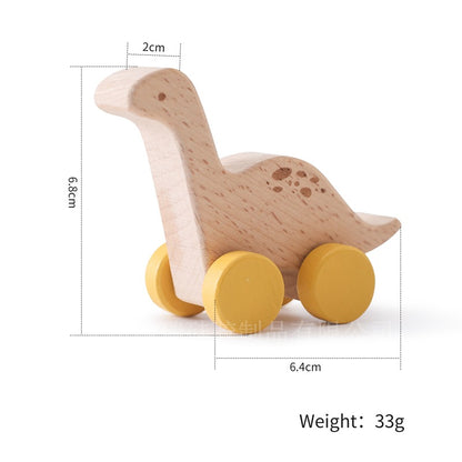 Wooden toy dinosaur with wheels and measurements on a white background