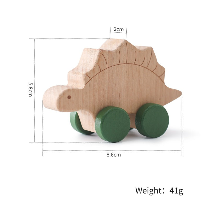 Wooden toy dinosaur with dimensions and weight on a white background