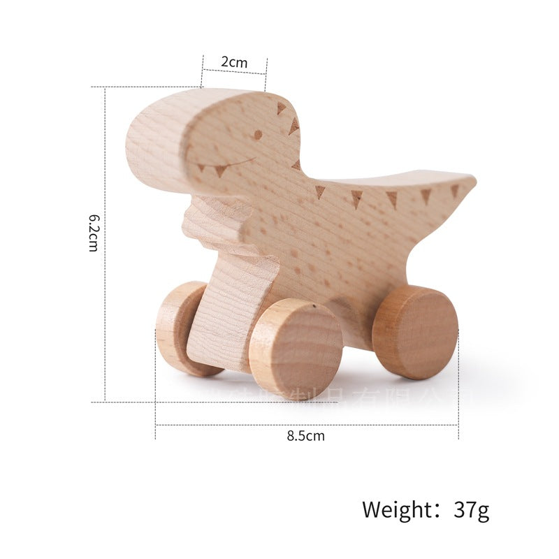 Wooden dinosaur toy with measurements and weight on a white background