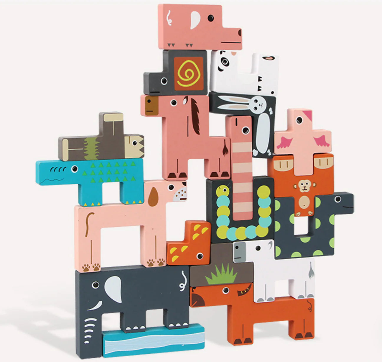 Colorful animal-shaped building blocks stacked on a white background