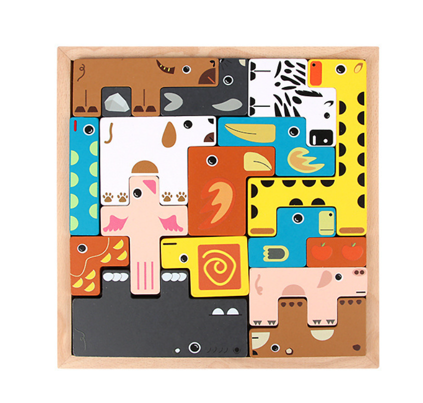 Wooden puzzle with colorful animal shapes in a wooden frame