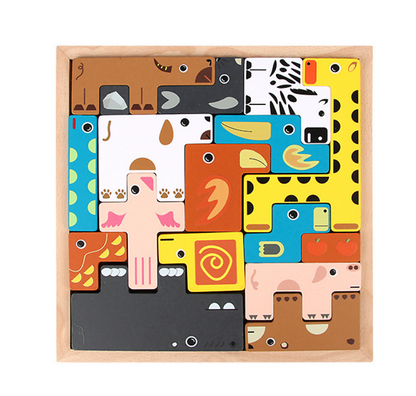 Wooden puzzle with colorful animal shapes in a wooden frame