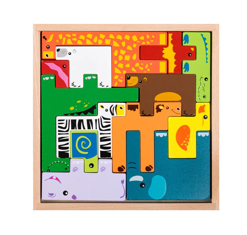 Colorful wooden puzzle with animal shapes in a wooden frame