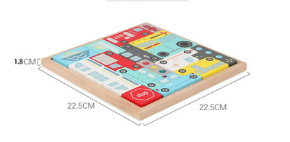 Colorful children's puzzle with wooden base and measurements on a white background