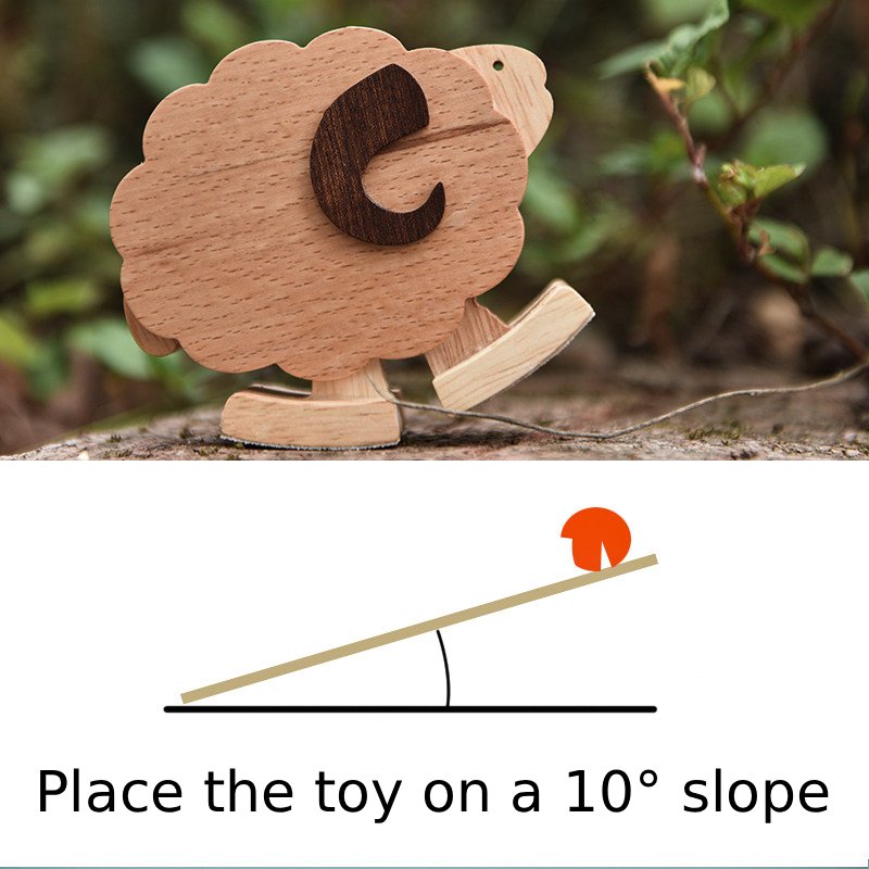 Wooden RAMP WALKER on a branch with an instruction diagram for a 10° slope