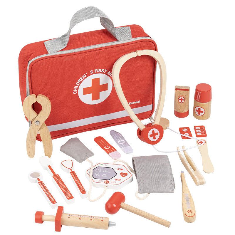 Wooden kids first aid pretend play set with red carrying case and Montessori medical toys