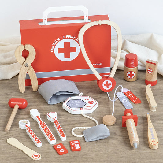 Wooden Montessori kids first aid pretend play set with toy medical tools and red doctor case
