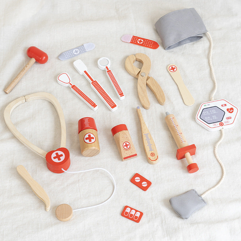 Montessori wooden kids doctor pretend play set with stethoscope, syringe, and medical toys