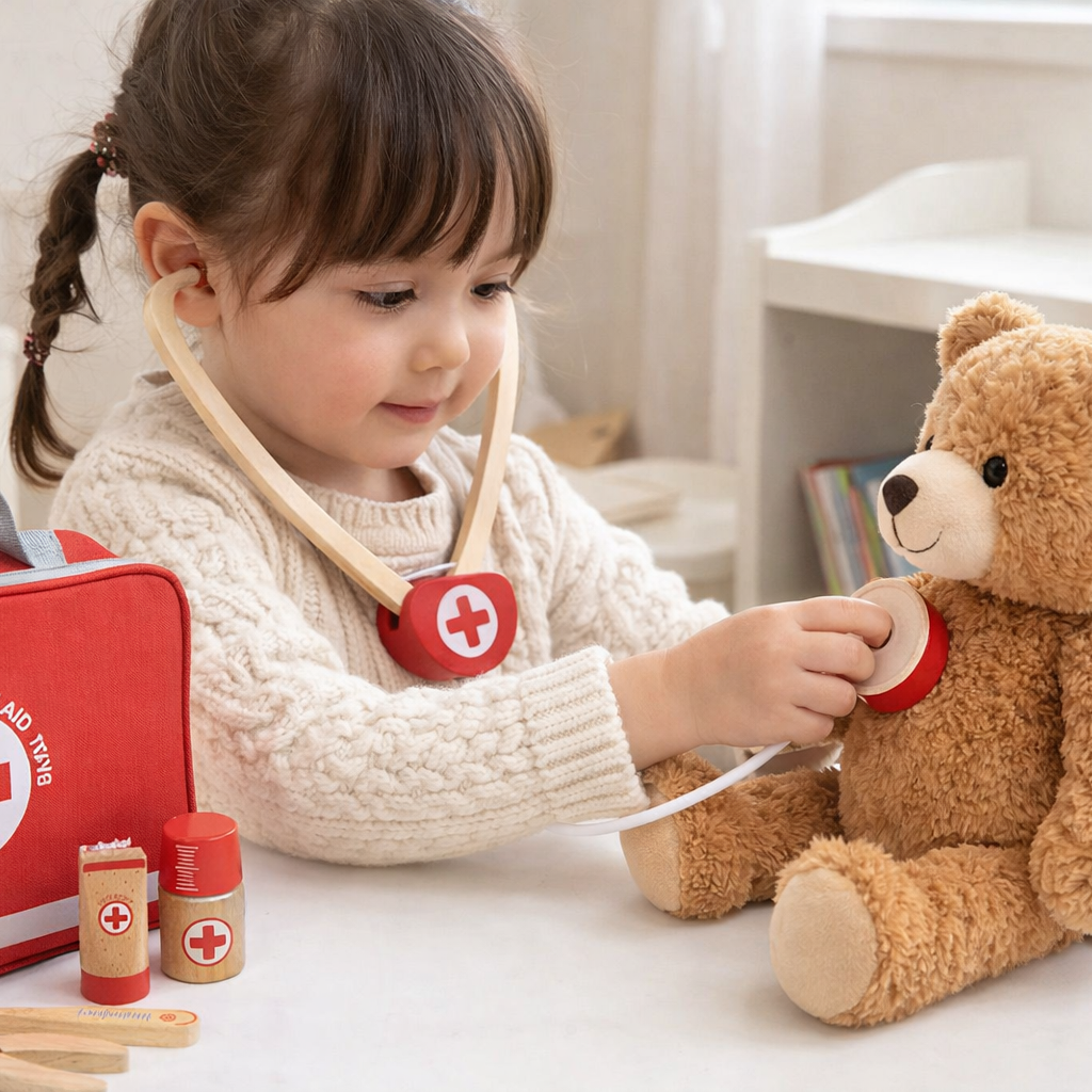 Child playing doctor with wooden Montessori first aid kit and teddy bear, eco-friendly toy set