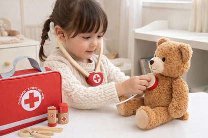 Child playing doctor with wooden Montessori first aid kit and teddy bear, eco-friendly toy set