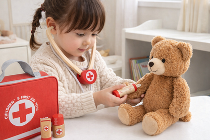 Child playing doctor with Montessori wooden first aid toy set on teddy bear