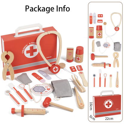 Montessori wooden kids first aid pretend play set with red doctor case and medical tools