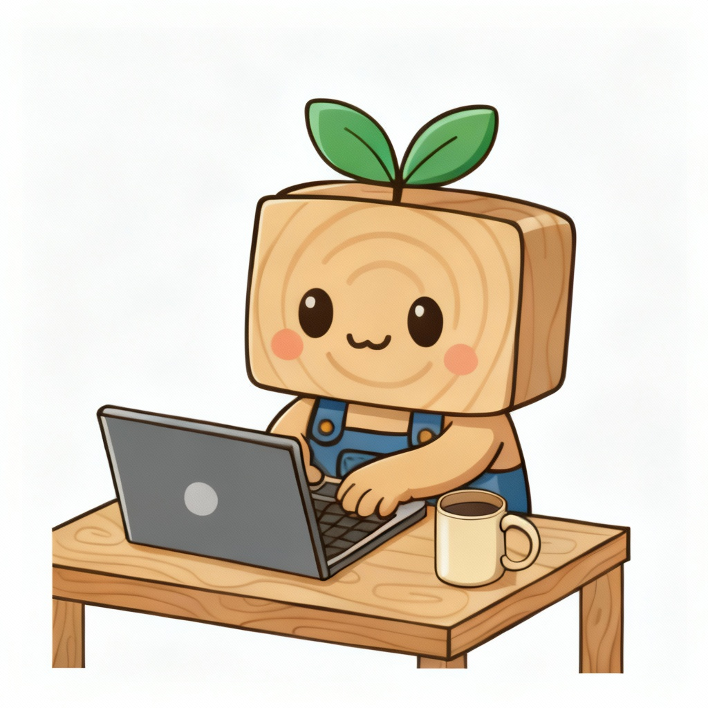 Cartoon character with a wooden head and plant sprout, sitting at a desk with a laptop and coffee mug.