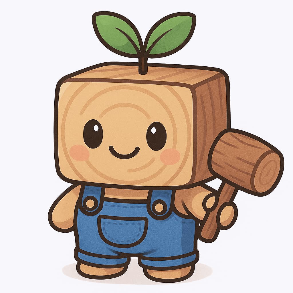 MUMU holding a wooden hammer, proudly crafting high-quality, safe, and eco-friendly wooden toys for children